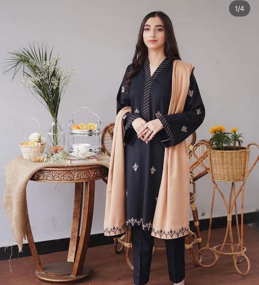 Asline Premium Dhanak 3PC Suit – Embroidered Neck & Sleeves with Dhanak Shawl