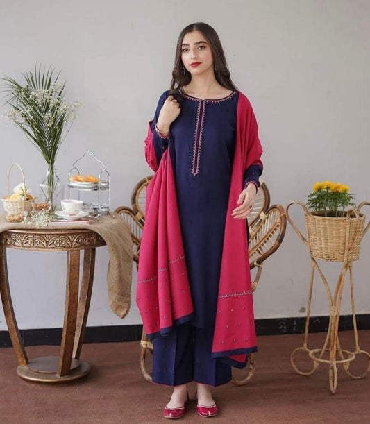 Asline Premium Dhanak 3PC Suit – Embroidered Neck & Sleeves with Dhanak Shawl