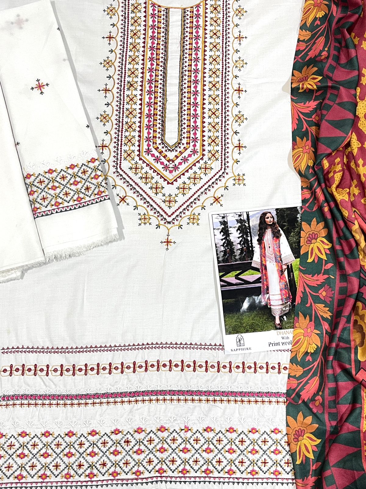 Sapphire Luxury Embroidered Dhanak 3PC Suit – Heavy Neck & Daman Embroidery with Digital Printed Pashmina Shawl
