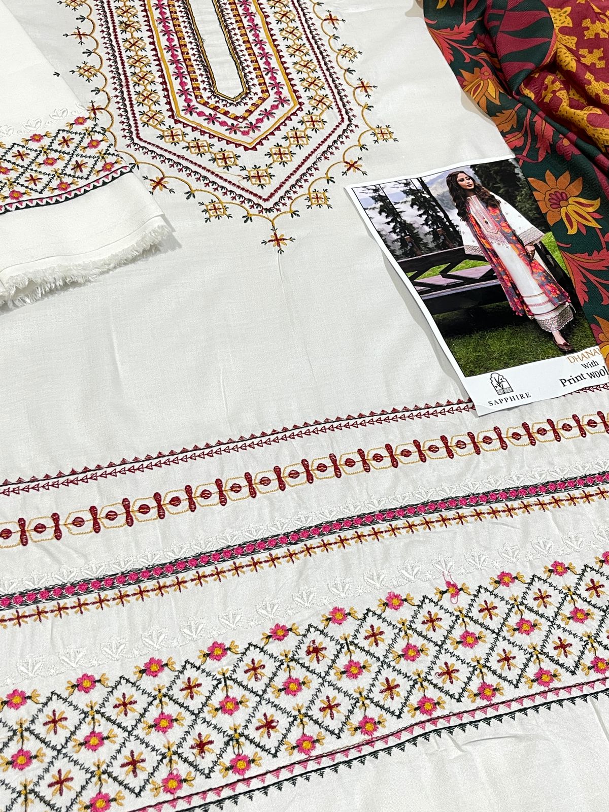 Sapphire Luxury Embroidered Dhanak 3PC Suit – Heavy Neck & Daman Embroidery with Digital Printed Pashmina Shawl