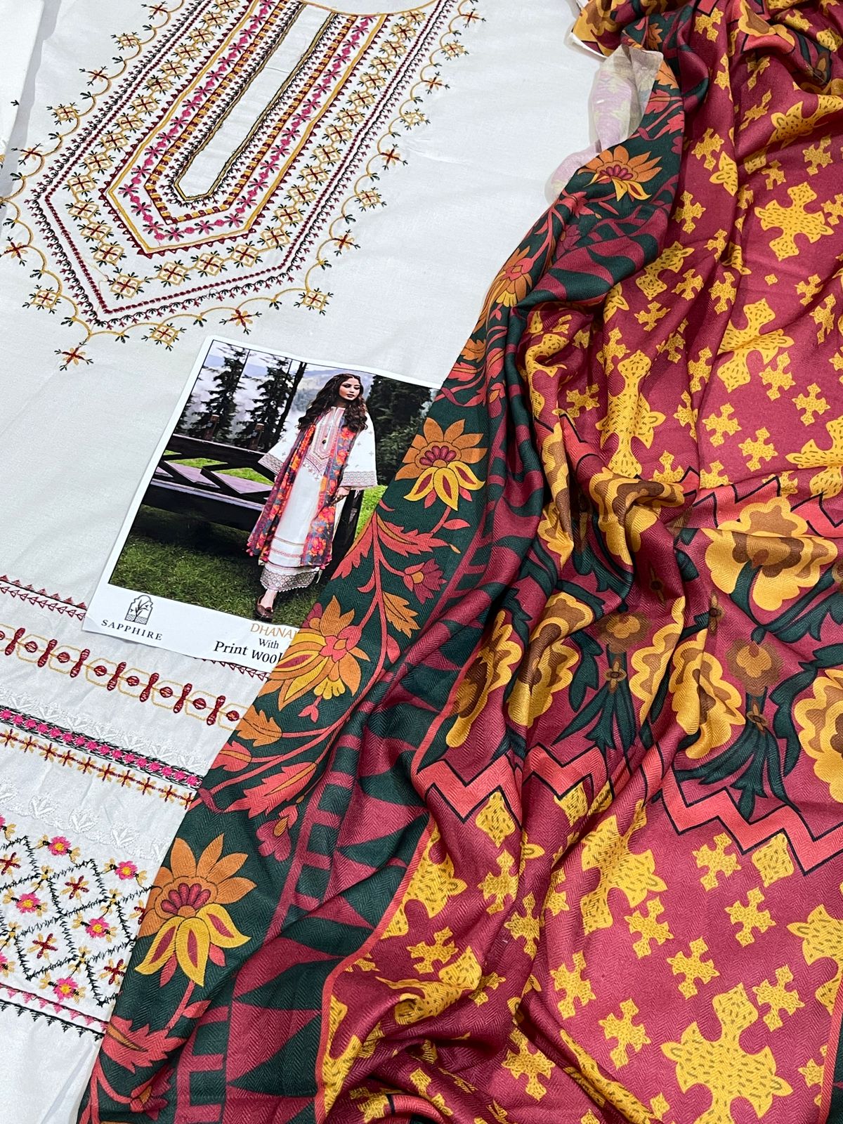 Sapphire Luxury Embroidered Dhanak 3PC Suit – Heavy Neck & Daman Embroidery with Digital Printed Pashmina Shawl