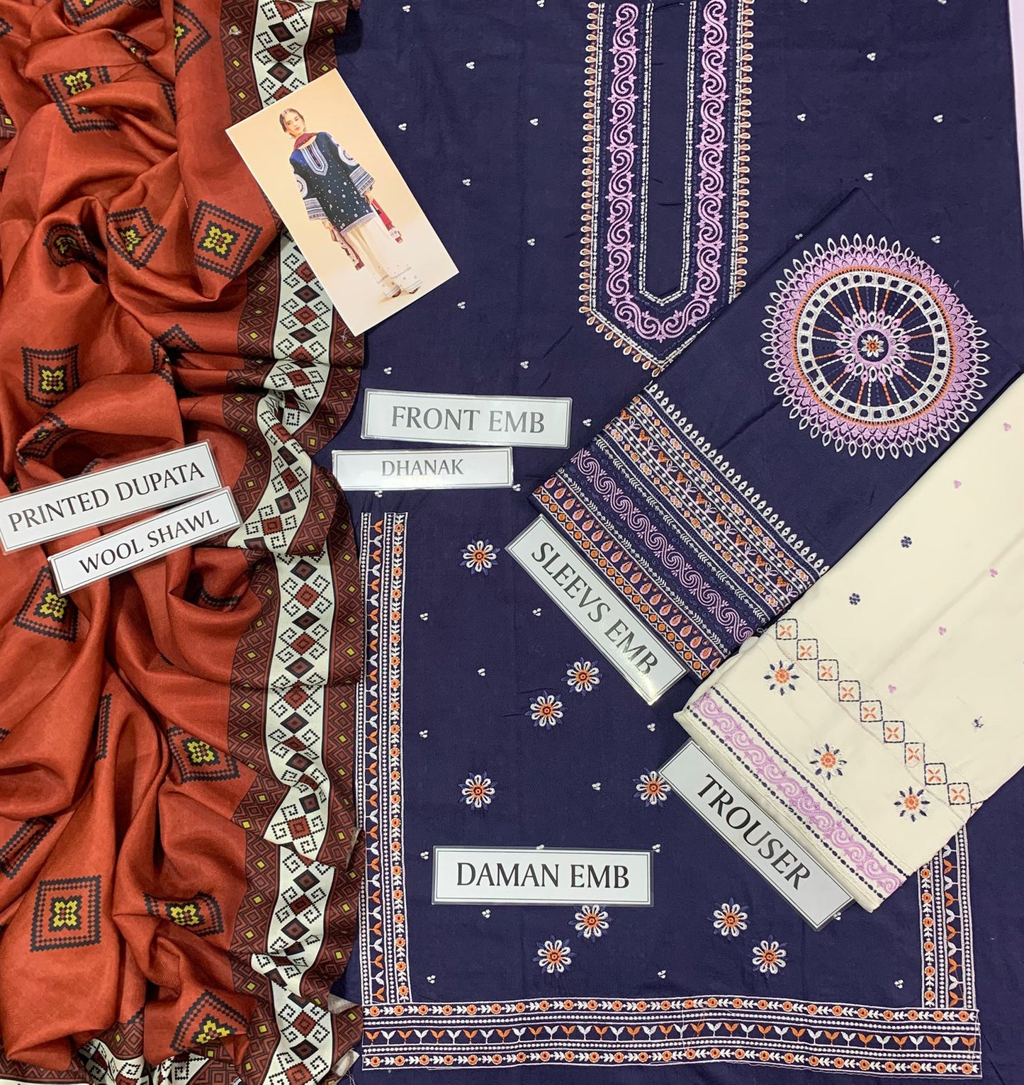 Jazmin Winter Collection 2025 – 3PC Premium Air-Jet Dhanak Embroidered Suit with Digital Printed Pashmina Wool Shawl