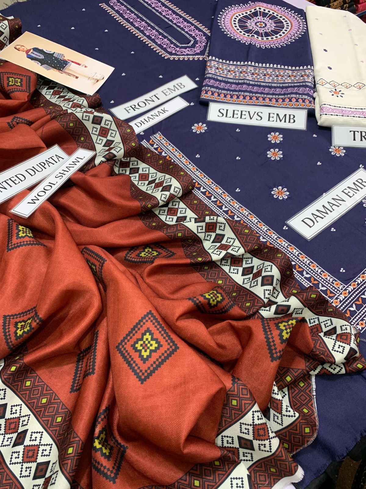 Jazmin Winter Collection 2025 – 3PC Premium Air-Jet Dhanak Embroidered Suit with Digital Printed Pashmina Wool Shawl
