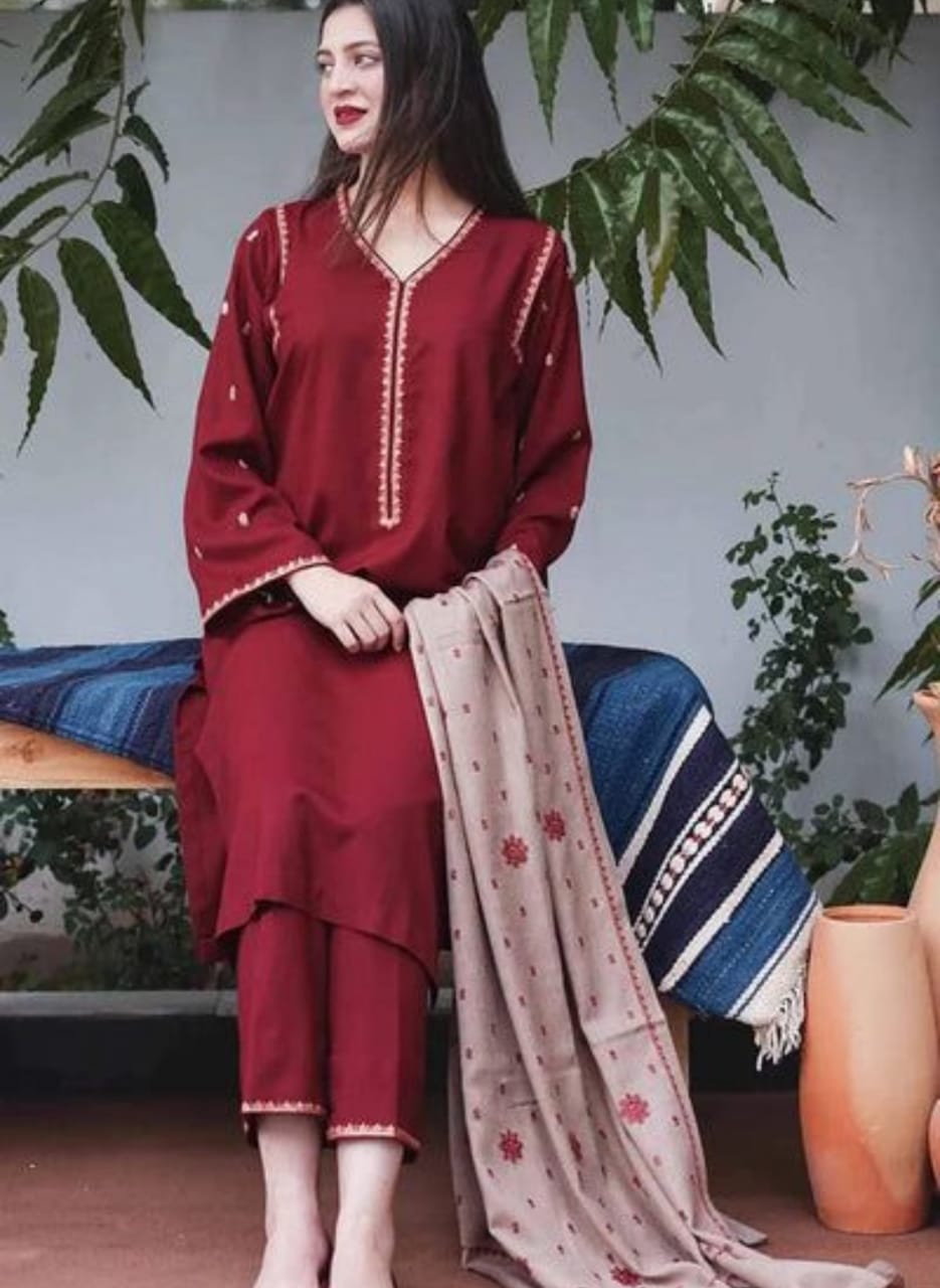 Asline Premium Dhanak 3PC Suit – Embroidered Neck & Sleeves with Dhanak Shawl