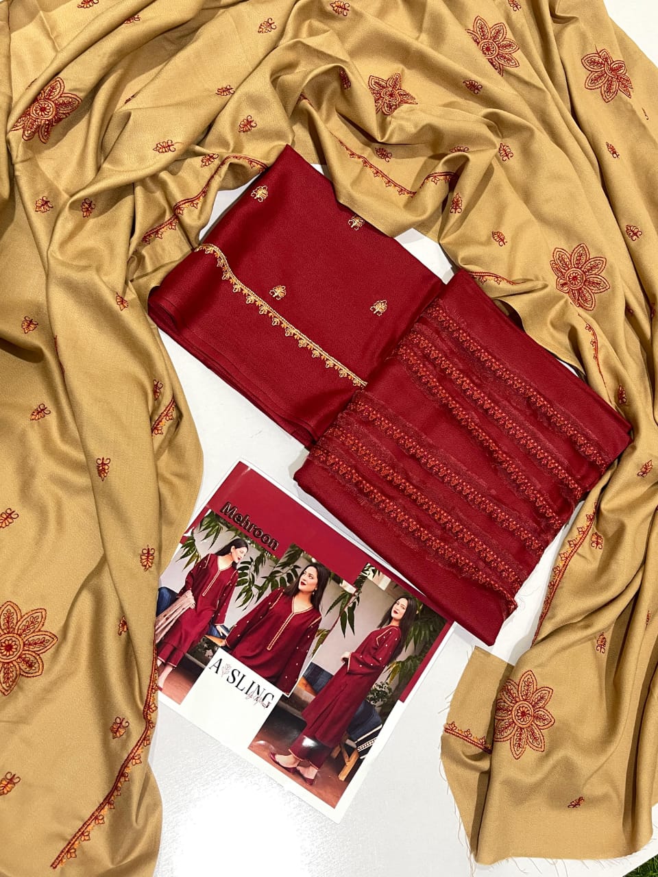 Asline Premium Dhanak 3PC Suit – Embroidered Neck & Sleeves with Dhanak Shawl