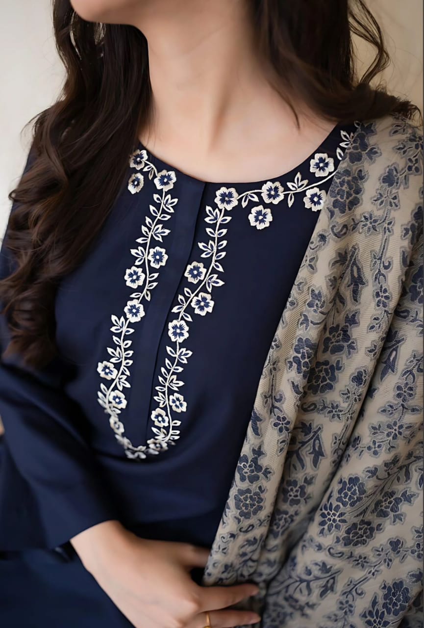 Asline Premium Dhanak 3PC Suit – Embroidered Neck & Sleeves with Dhanak Shawl