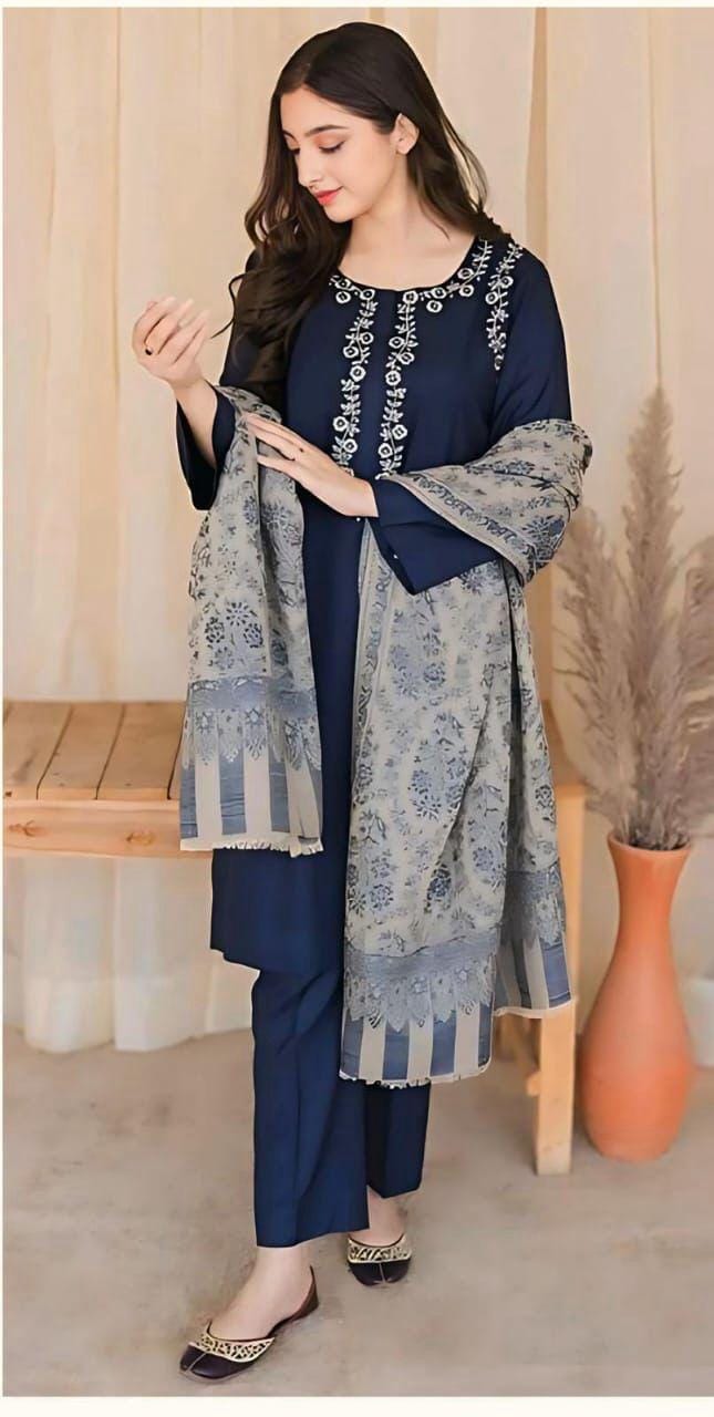 Asline Premium Dhanak 3PC Suit – Embroidered Neck & Sleeves with Dhanak Shawl