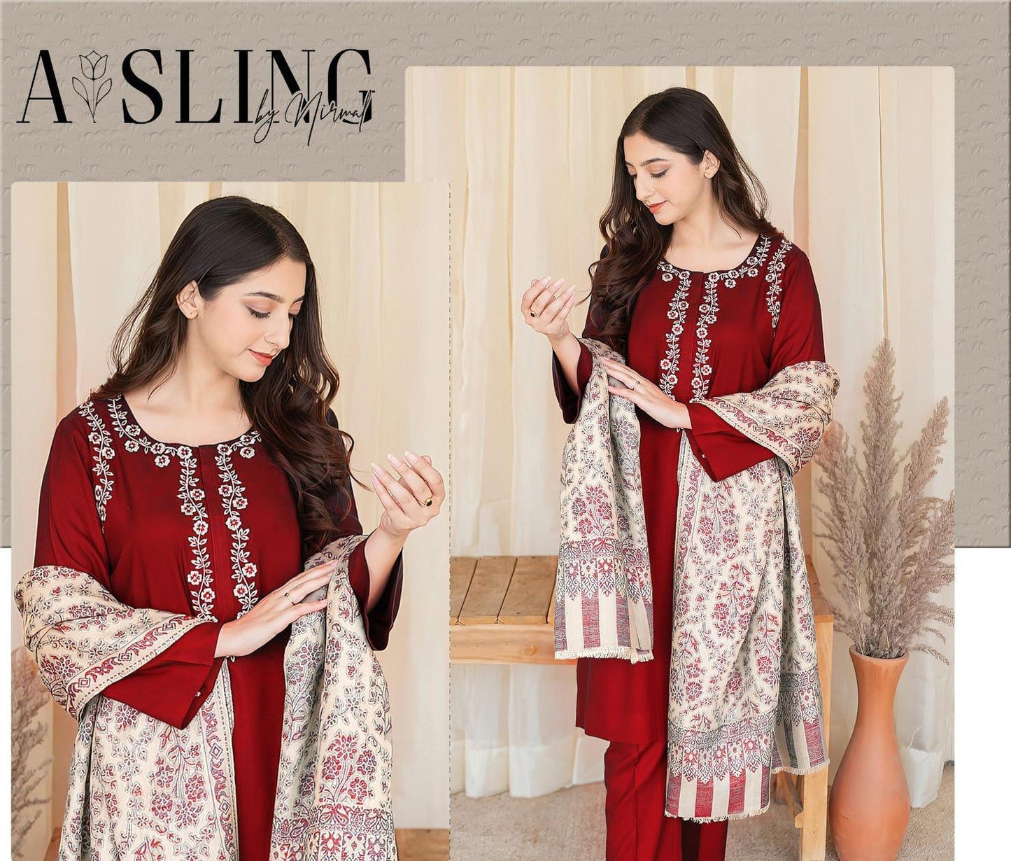 Asline Premium Dhanak 3PC Suit – Embroidered Neck & Sleeves with Dhanak Shawl