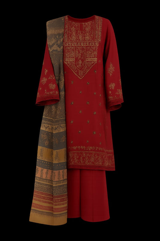 Satrang Winter Collection 2025 | 3PC Premium Air-Jet Dhanak Embroidered Suit with Pashmina Shawl