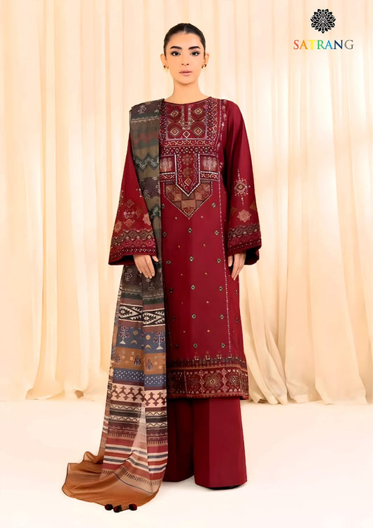 Satrang Winter Collection 2025 | 3PC Premium Air-Jet Dhanak Embroidered Suit with Pashmina Shawl