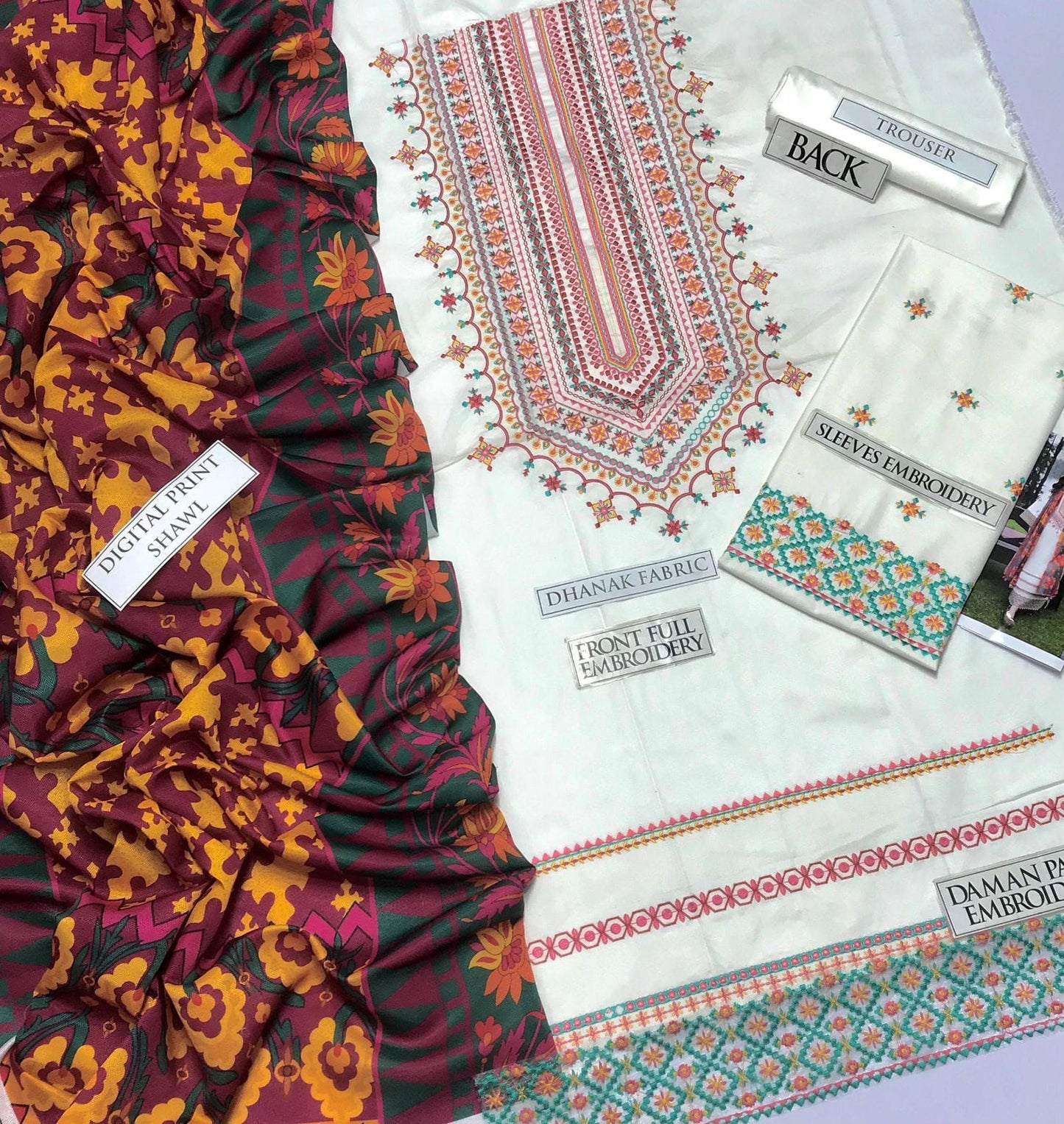 Sapphire Luxury Embroidered Dhanak 3PC Suit – Heavy Neck & Daman Embroidery with Digital Printed Pashmina Shawl