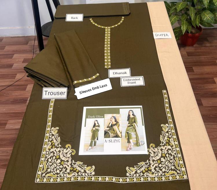 AYSLIN Luxury Embroidered Dhanak 3PC Suit – Heavy Neck, Daman & Sleeves with Pashmina Wool Shawl