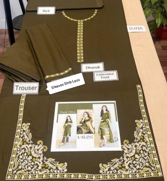 AYSLIN Luxury Embroidered Dhanak 3PC Suit – Heavy Neck, Daman & Sleeves with Pashmina Wool Shawl