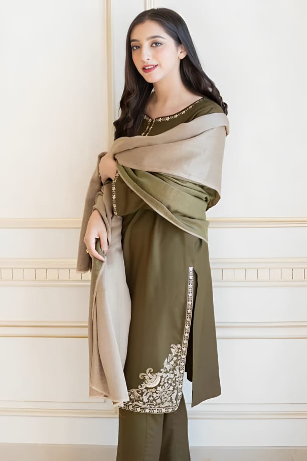 AYSLIN Luxury Embroidered Dhanak 3PC Suit – Heavy Neck, Daman & Sleeves with Pashmina Wool Shawl