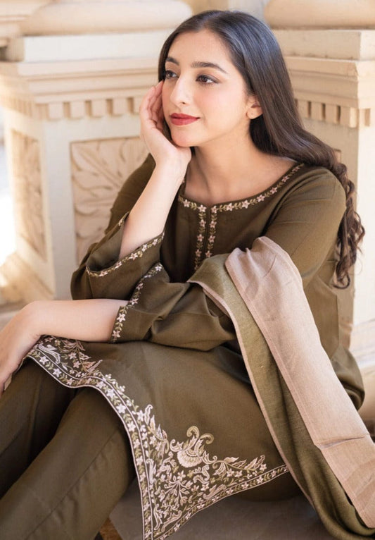 AYSLIN Luxury Embroidered Dhanak 3PC Suit – Heavy Neck, Daman & Sleeves with Pashmina Wool Shawl