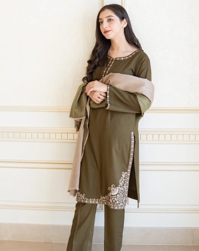 AYSLIN Luxury Embroidered Dhanak 3PC Suit – Heavy Neck, Daman & Sleeves with Pashmina Wool Shawl