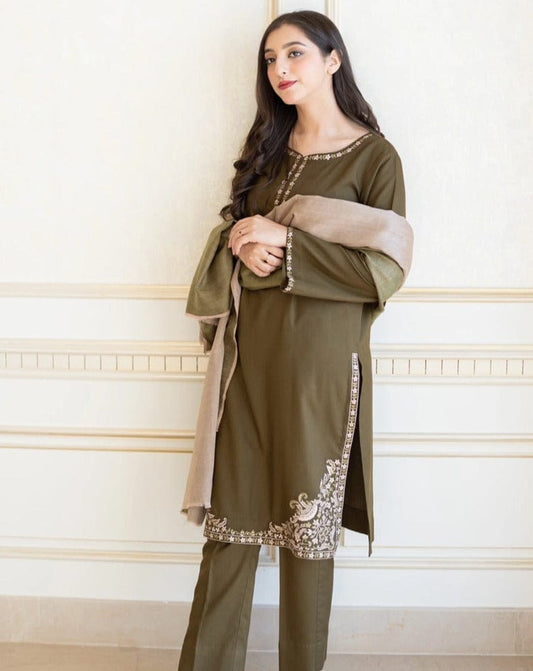 AYSLIN Luxury Embroidered Dhanak 3PC Suit – Heavy Neck, Daman & Sleeves with Pashmina Wool Shawl